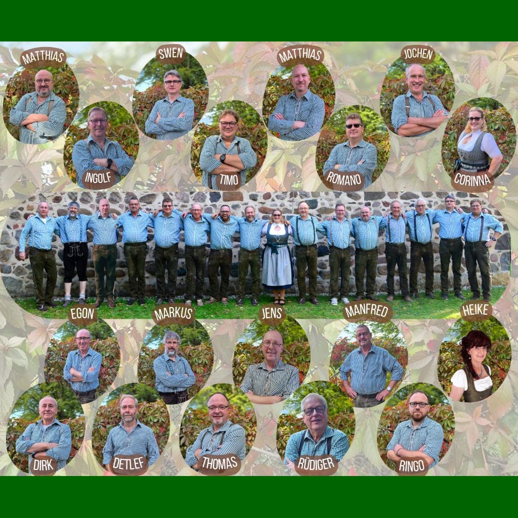 Gruppenbild der Elbetaler Blasmusikanten mit Portraits der einzelnen Musikant*innen